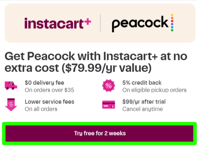 Instacart plus peacock