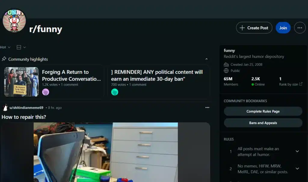 r/funny is the most popular subreddits