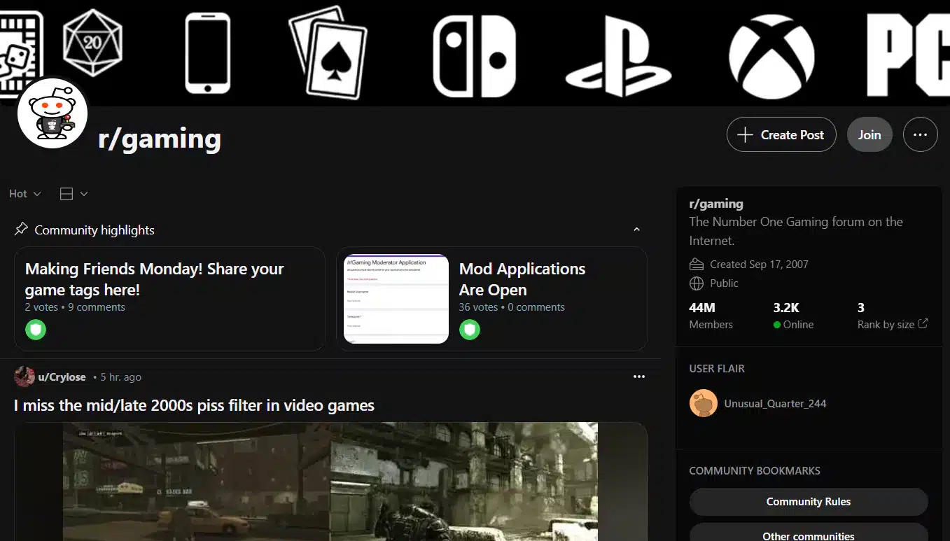 r/gaming is the third most popular subreddits