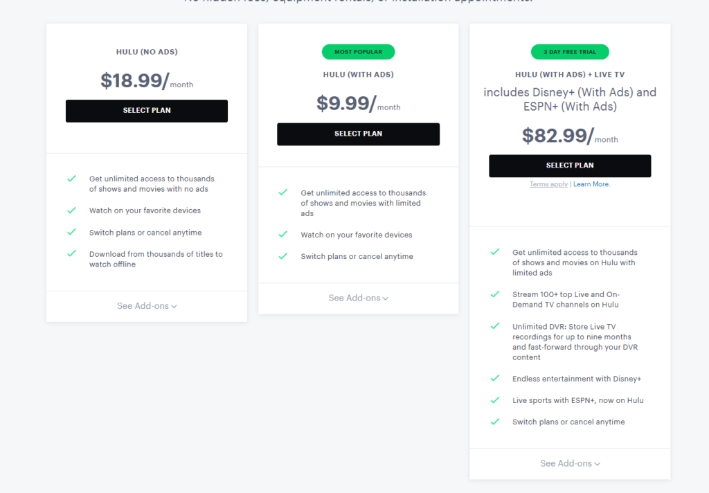 Hulu Pricing plan