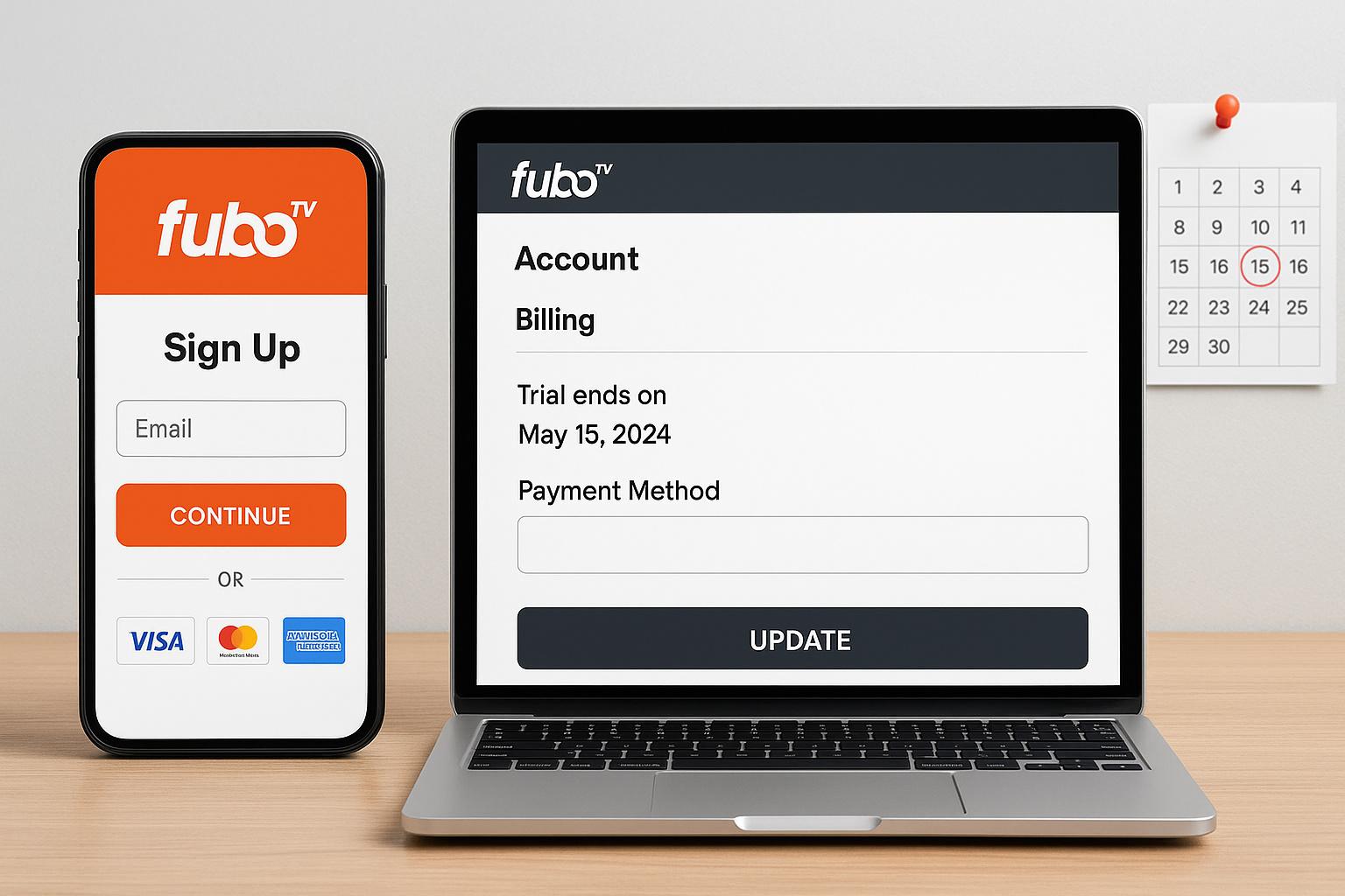 Signup and billing screens for FuboTV trial on phone and laptop