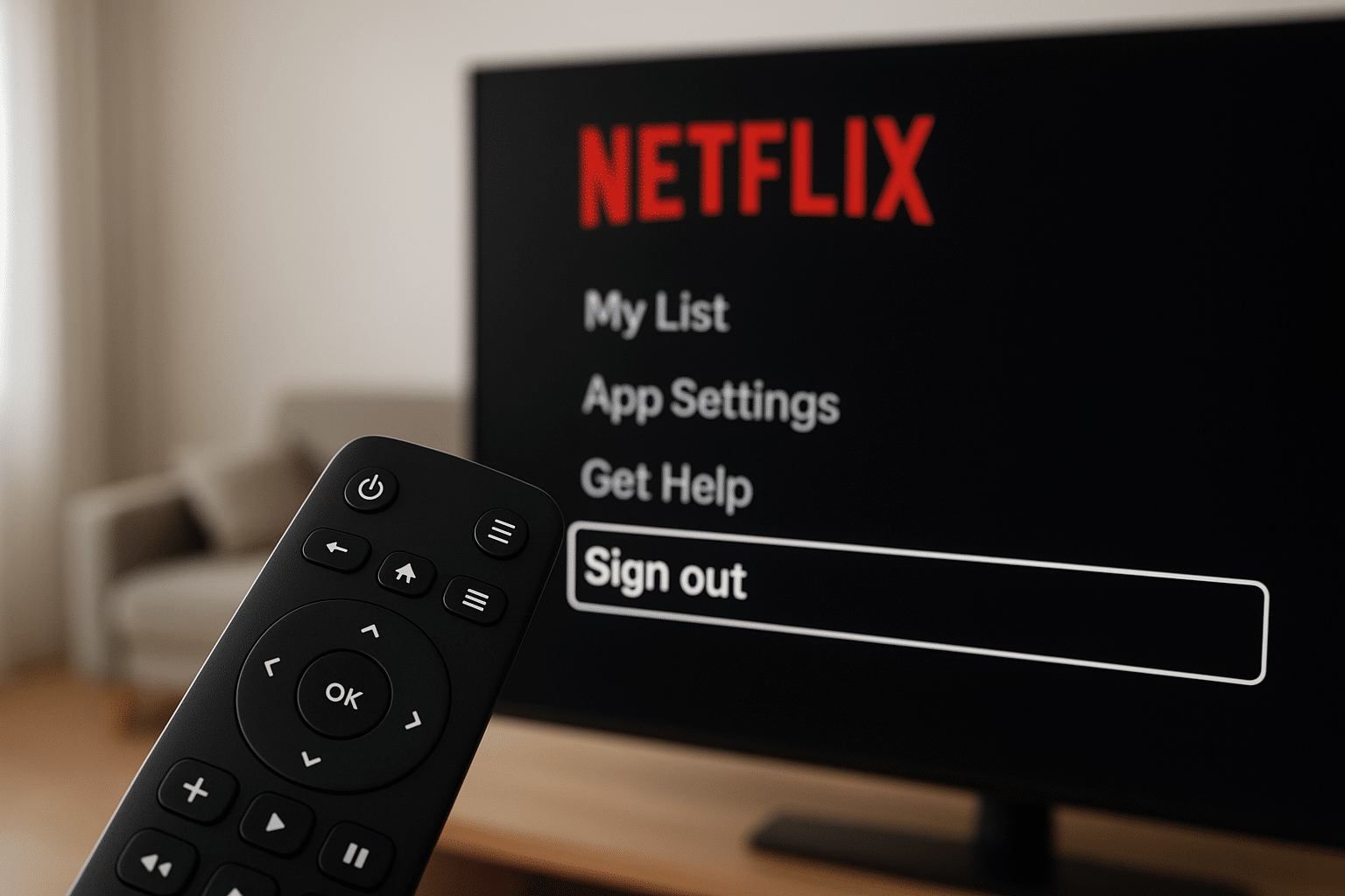 TV remote pointing at Netflix app menu highlighting sign out option