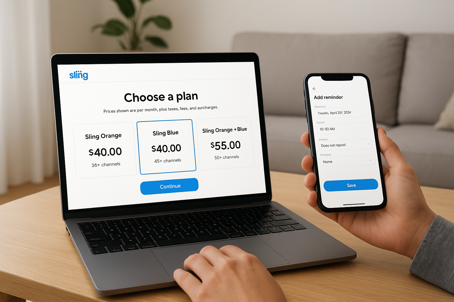 Laptop and phone showing Sling TV sign-up screens and reminder being set